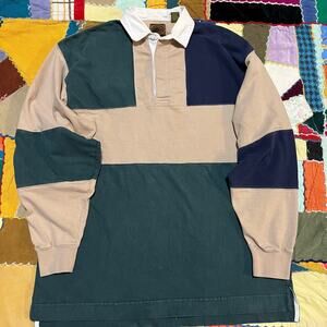 Boston Traders Navy and Green Squared Tan Rugby Polo Medium